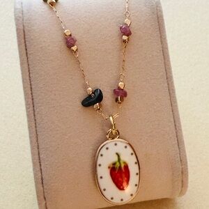 Rhodonite Chip Bead Gold Plated Chain Necklace W/ Oval Strawberry Enamel Charm